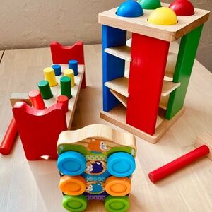 Melissa and Doug Wooden Toy Bundle Hammer Pound and Peg and Roll Toy plus cars